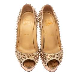 Pre Owned Christian Louboutin Metallic Gold/Rose Gold Leather Lady Peep Toe Spike Platform Pumps Size 38