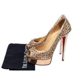Pre Owned Christian Louboutin Metallic Gold/Rose Gold Leather Lady Peep Toe Spike Platform Pumps Size 38