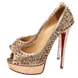 Pre Owned Christian Louboutin Metallic Gold/Rose Gold Leather Lady Peep Toe Spike Platform Pumps Size 38