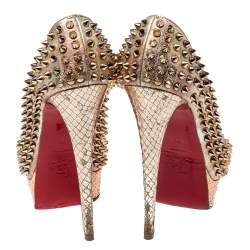 Pre Owned Christian Louboutin Metallic Gold/Rose Gold Leather Lady Peep Toe Spike Platform Pumps Size 38