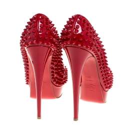 Pre Owned Christian Louboutin Red Patent Leather Lady Peep Toe Spike Platform Pumps Size 38.5