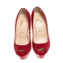 Pre Owned Christian Louboutin Red Patent Leather Lady Peep Toe Spike Platform Pumps Size 38.5