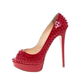 Pre Owned Christian Louboutin Red Patent Leather Lady Peep Toe Spike Platform Pumps Size 38.5