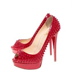 Pre Owned Christian Louboutin Red Patent Leather Lady Peep Toe Spike Platform Pumps Size 38.5
