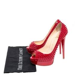 Pre Owned Christian Louboutin Red Patent Leather Lady Peep Toe Spike Platform Pumps Size 38.5