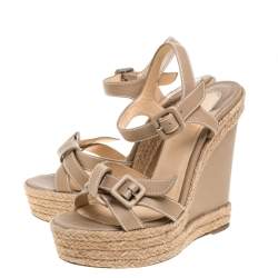 Pre Owned Christian Louboutin Beige Leather Zero Problem Espadrille Wedge Sandals Size 36