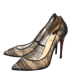 Pre Owned Christian Louboutin Black Lace And Satin Pigalace Pointed Toe Pumps Size 38.5