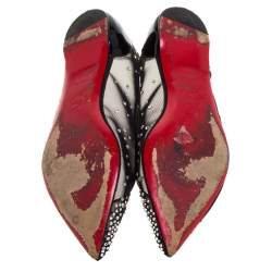 مملوكة مسبقًا حذاء باليرينا فلات كريستيان لوبوتان "فولبس" مرصع ستراس مقدمة مدببة شبكة و جلد لامع أسود مقاس 39