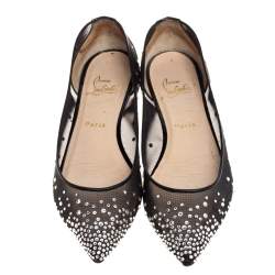 مملوكة مسبقًا حذاء ب�اليرينا فلات كريستيان لوبوتان "فولبس" مرصع ستراس مقدمة مدببة شبكة و جلد لامع أسود مقاس 39