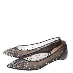 مملوكة مسبقًا حذاء باليرينا فلات كريستيان لوبوتان "فولبس" مرصع ستراس مقدمة مدببة شبكة و جلد لامع أسود مقاس 39