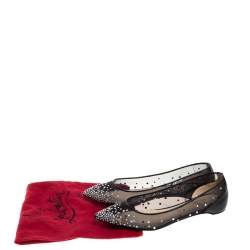 مملوكة مسبقًا حذاء باليرينا فلات كريستيان لوبوتان "فولبس" مرصع ستراس مقدمة مدببة شبكة و جلد لامع أسود مقاس 39