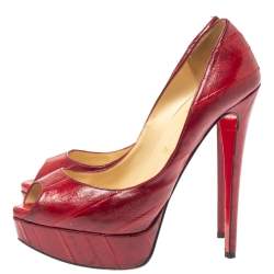 Christian Louboutin Red Eel Leather Lady Peep Toe Platform Pumps Size 39