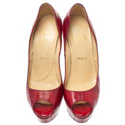 Christian Louboutin Red Eel Leather Lady Peep Toe Platform Pumps Size 39