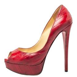 Christian Louboutin Red Eel Leather Lady Peep Toe Platform Pumps Size 39