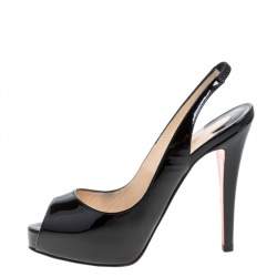 Christian Louboutin Black Patent Leather Private Number Peep Toe Sling Back Pumps Size 36