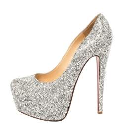Pre Owned Christian Louboutin Silver Crystal Embellished Suede Daffodile Pumps Size 39