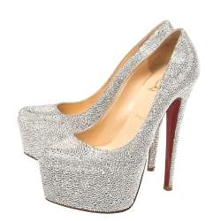 Pre Owned Christian Louboutin Silver Crystal Embellished Suede Daffodile Pumps Size 39