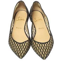 Pre Owned Christian Louboutin Black Mesh And Leather Pigaresille Pointed-Toe Flats Size 37