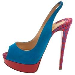 Christian Louboutin Blue/Red Suede And Fabric Lady Peep Sling Pumps Size 37