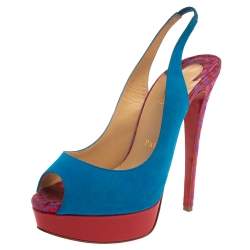 Christian Louboutin Blue/Red Suede And Fabric Lady Peep Sling Pumps Size 37