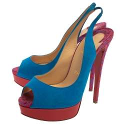 Christian Louboutin Blue/Red Suede And Fabric Lady Peep Sling Pumps Size 37