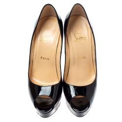 Pre Owned Christian Louboutin Black Patent Leather Lady Peep Toe Platform Pumps Size 38