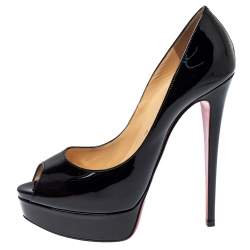 Pre Owned Christian Louboutin Black Patent Leather Lady Peep Toe Platform Pumps Size 38