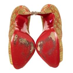 Pre Owned Christian Louboutin God/Red Jacquard Fabric Very Prive Pumps Size 36.5