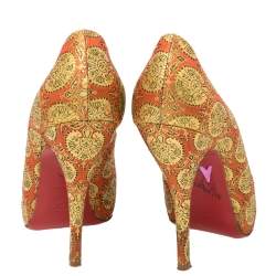 Pre Owned Christian Louboutin God/Red Jacquard Fabric Very Prive Pumps Size 36.5