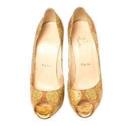 Pre Owned Christian Louboutin God/Red Jacquard Fabric Very Prive Pumps Size 36.5