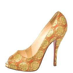 Pre Owned Christian Louboutin God/Red Jacquard Fabric Very Prive Pumps Size 36.5