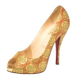 Pre Owned Christian Louboutin God/Red Jacquard Fabric Very Prive Pumps Size 36.5