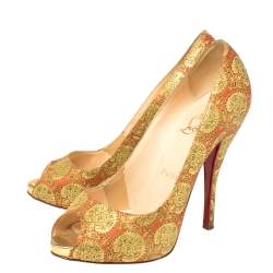Pre Owned Christian Louboutin God/Red Jacquard Fabric Very Prive Pumps Size 36.5