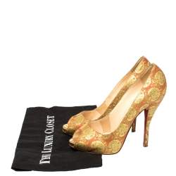 Pre Owned Christian Louboutin God/Red Jacquard Fabric Very Prive Pumps Size 36.5