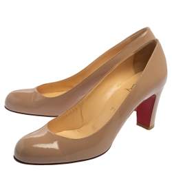 Pre Owned Christian Louboutin Beige Patent Leather Cadrilla Block Heel Pumps Size 40.5