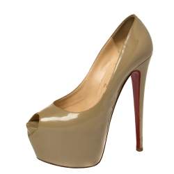 Christian Louboutin Olive Patent Leather Highness Peep Toe Pumps Size 38.5