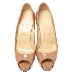 Pre Owned Christian Louboutin Beige Patent Leather Very Prive Peep Toe Pumps Size 36.5