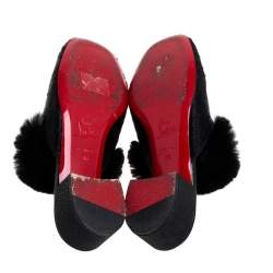 مملوكة مسبقًا حذاء سلايد كريستيان لوبوتان "بوديفا" فرو و شعر عجل مطيوع نقشة التمساح أسود مقاس 36