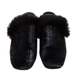 مملوكة مسبقًا حذاء سلايد كريستيان لوبوتان "بوديفا" فرو و شعر عجل مطيوع نقشة التمساح أسود مقاس 36