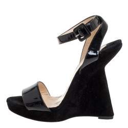 Pre Owned Christian Louboutin Black Suede And Patent Leather Djaldos Spechio Ankle Strap Wedges Size 39.5