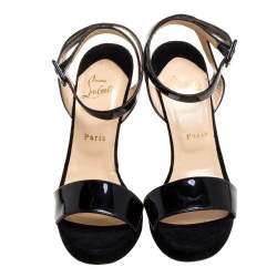 Pre Owned Christian Louboutin Black Suede And Patent Leather Djaldos Spechio Ankle Strap Wedges Size 39.5
