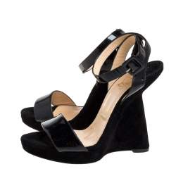 Pre Owned Christian Louboutin Black Suede And Patent Leather Djaldos Spechio Ankle Strap Wedges Size 39.5