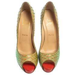 Christian Louboutin Green/Orange Python Very Prive Peep Toe Pumps Size 40