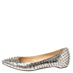 Pre Owned Christian Louboutin Silver Metallic Leather Pigalle Spikes Flats Size 39.5