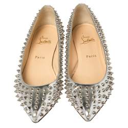 Pre Owned Christian Louboutin Silver Metallic Leather Pigalle Spikes Flats Size 39.5