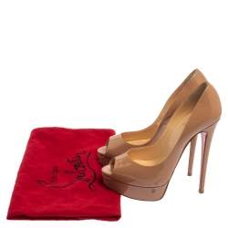 Pre Owned Christian Louboutin Beige Patent Leather Lady Peep Toe Platform Pumps Size 37