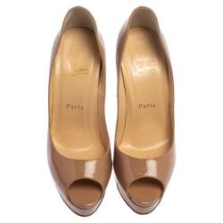 Pre Owned Christian Louboutin Beige Patent Leather Lady Peep Toe Platform Pumps Size 37