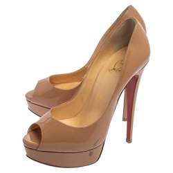 Pre Owned Christian Louboutin Beige Patent Leather Lady Peep Toe Platform Pumps Size 37