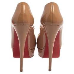 Pre Owned Christian Louboutin Beige Patent Leather Lady Peep Toe Platform Pumps Size 37
