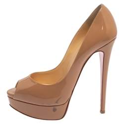 Pre Owned Christian Louboutin Beige Patent Leather Lady Peep Toe Platform Pumps Size 37